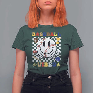 Funny Baseball Vibes T Shirt For Women Retro Groove Green Ball Smiley Face TS11 Dark Forest Green Print Your Wear