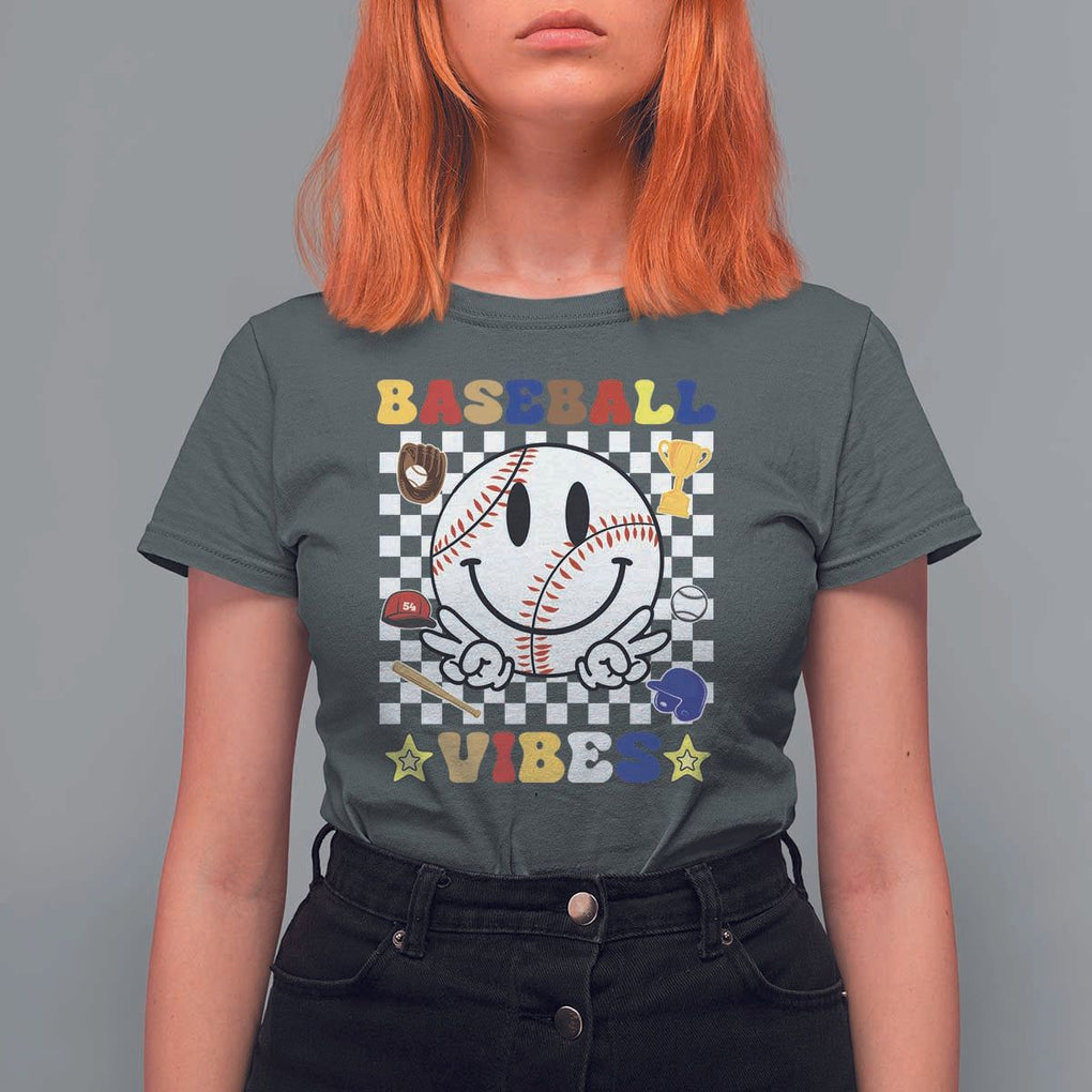 Funny Baseball Vibes T Shirt For Women Retro Groove Green Ball TS11 Dark Heather Print Your Wear