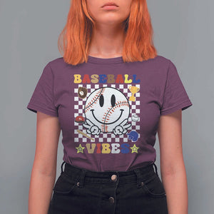 Funny Baseball Vibes T Shirt For Women Retro Groove Green Ball Smiley Face TS11 Maroon Print Your Wear