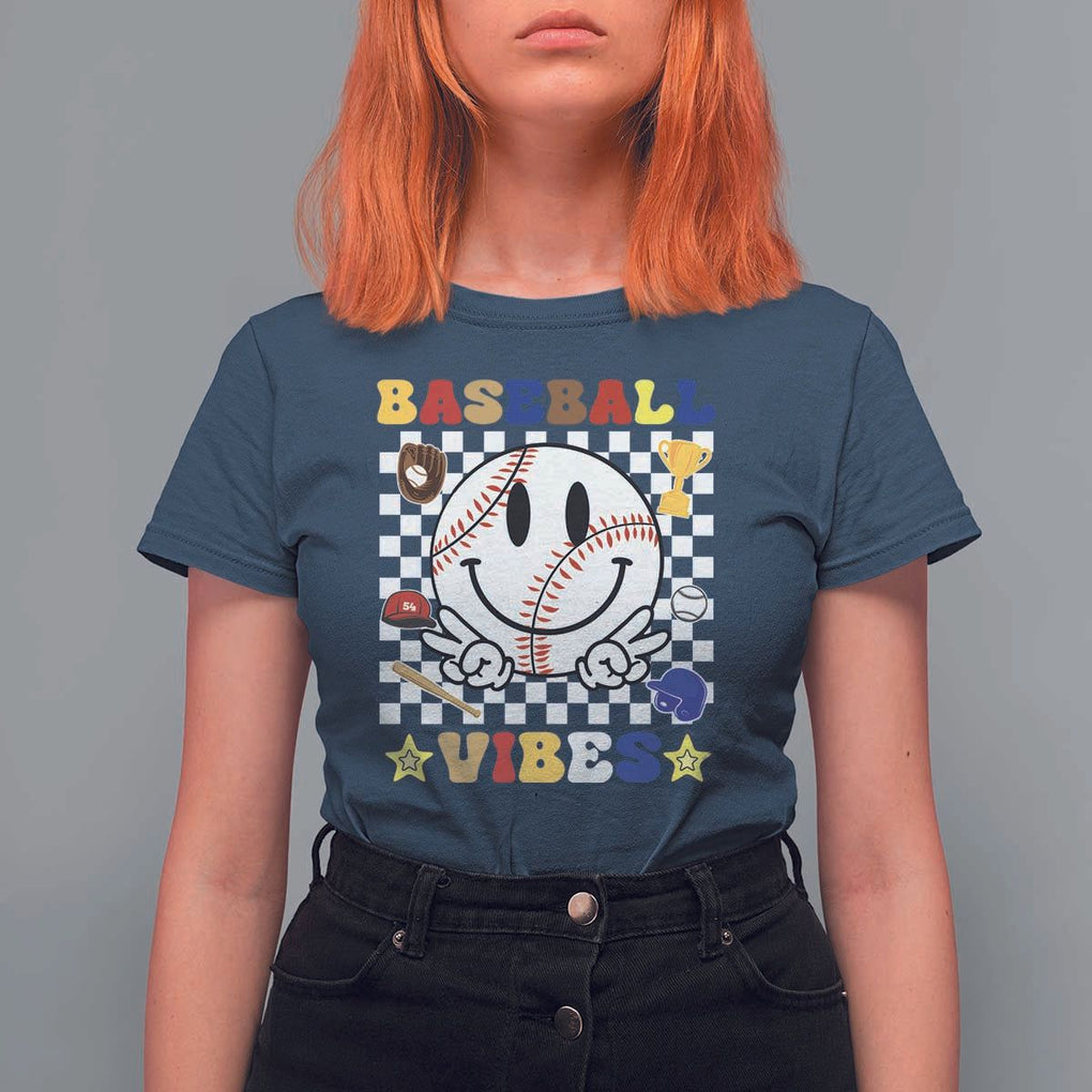 Funny Baseball Vibes T Shirt For Women Retro Groove Green Ball TS11 Navy Print Your Wear