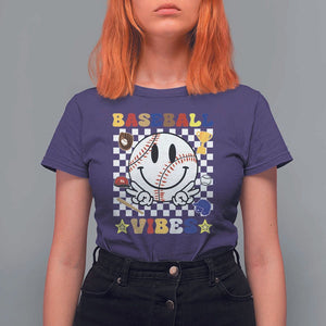 Funny Baseball Vibes T Shirt For Women Retro Groove Green Ball Smiley Face TS11 Purple Print Your Wear
