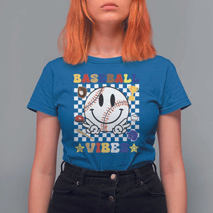 Funny Baseball Vibes T Shirt For Women Retro Groove Green Ball Smiley Face TS11 Royal Blue Print Your Wear
