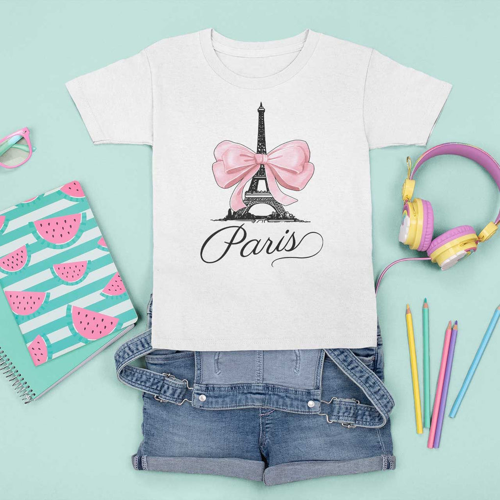 Eiffel Tower French T Shirt For Kid Paris Coquette France Pink Bow Aesthetic TS11 White Print Your Wear