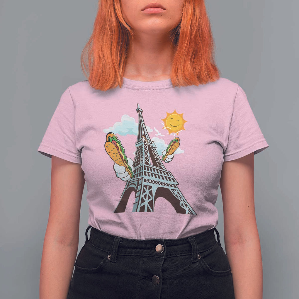 Funny French-American Heritage Month T Shirt For Women Cute Hotdog Eiffel Tower TS11 Light Pink Print Your Wear