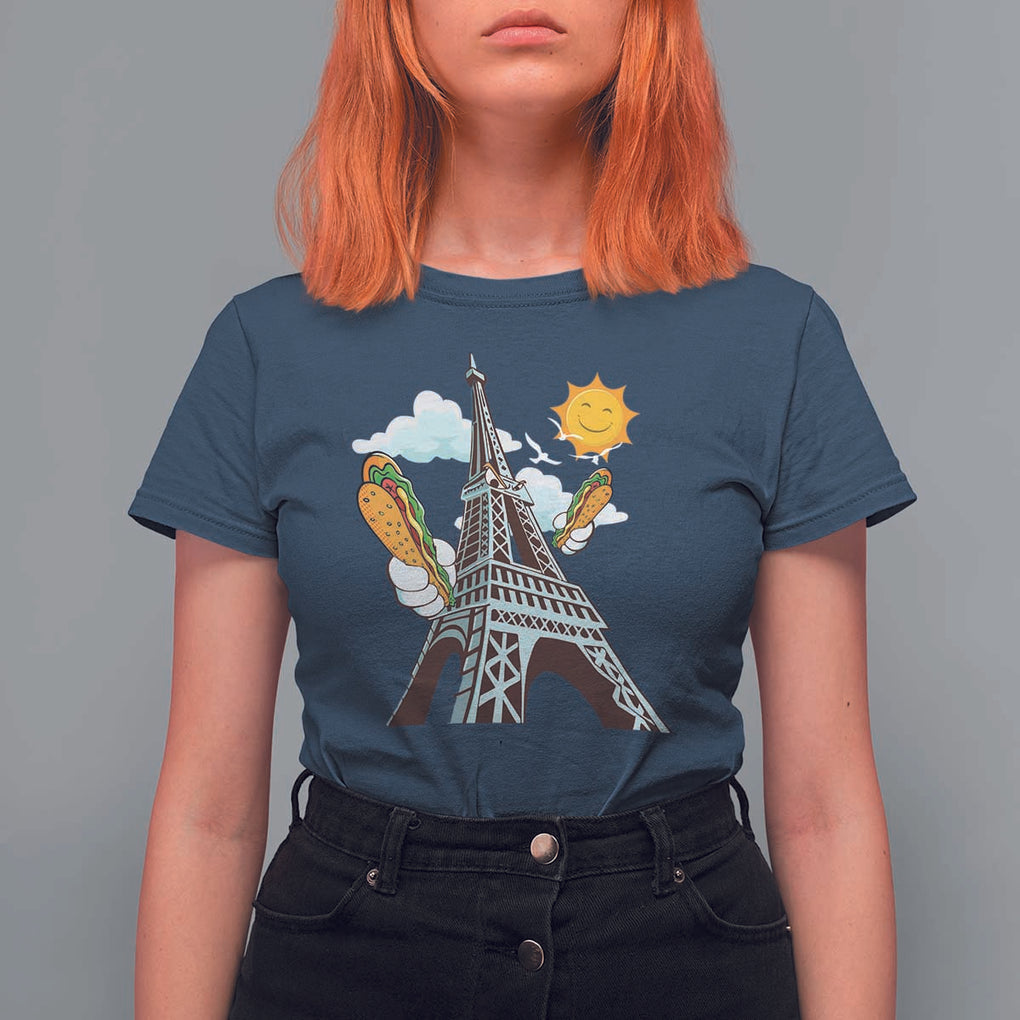 Funny French-American Heritage Month T Shirt For Women Cute Hotdog Eiffel Tower TS11 Navy Print Your Wear