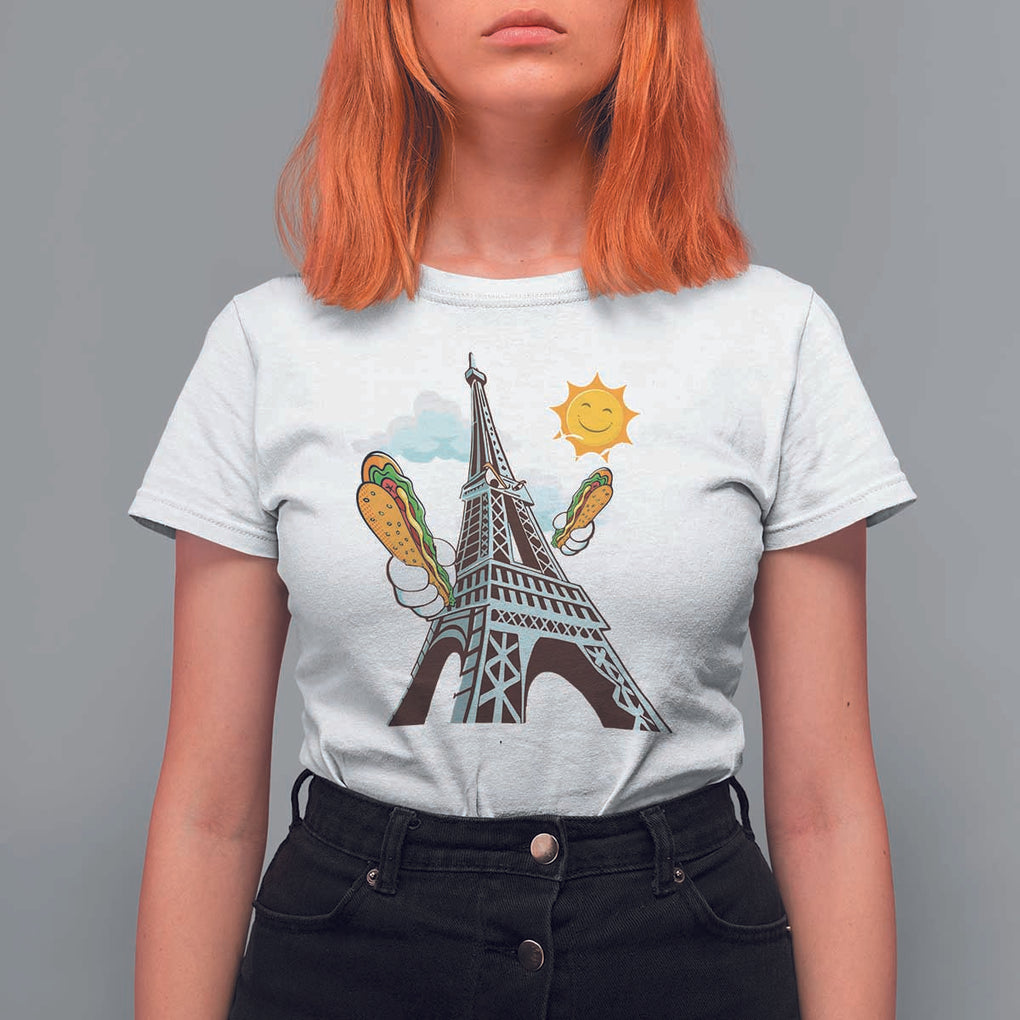 Funny French-American Heritage Month T Shirt For Women Cute Hotdog Eiffel Tower TS11 White Print Your Wear