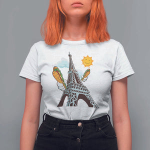 Funny French-American Heritage Month T Shirt For Women Cute Hotdog Eiffel Tower TS11 White Print Your Wear