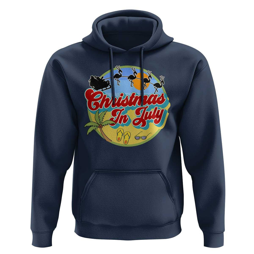 Funny Christmas In July Hoodie Flamingo With Santa Claus Palm Tree TS11 Navy Print Your Wear