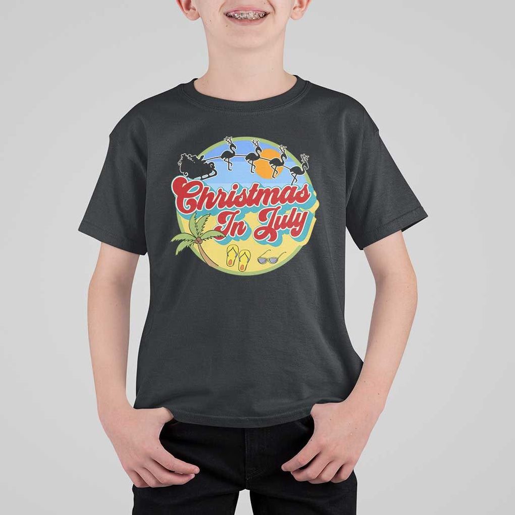 Funny Christmas In July T Shirt For Kid Flamingo With Santa Claus Palm Tree TS11 Black Print Your Wear