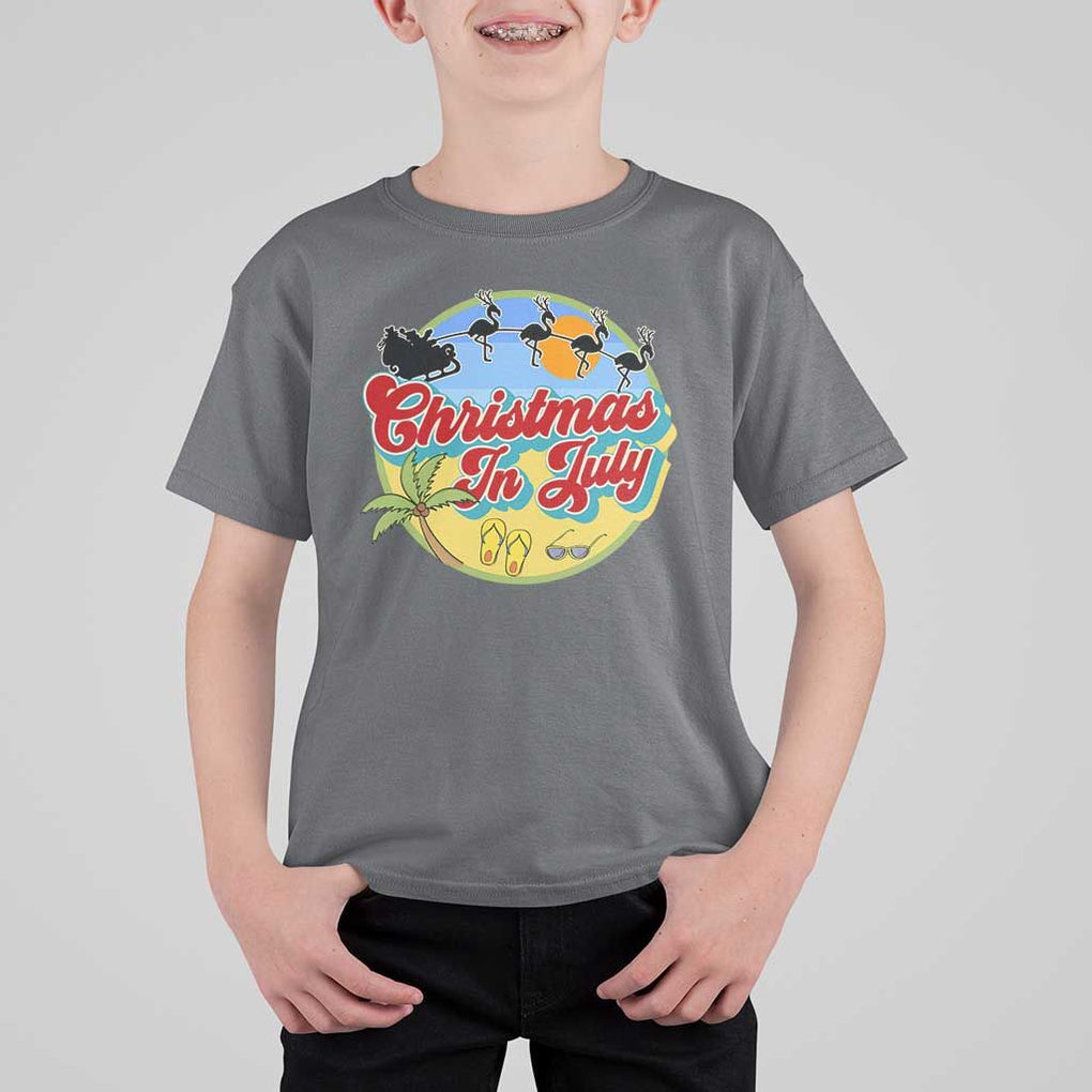 Funny Christmas In July T Shirt For Kid Flamingo With Santa Claus Palm Tree TS11 Charcoal Print Your Wear