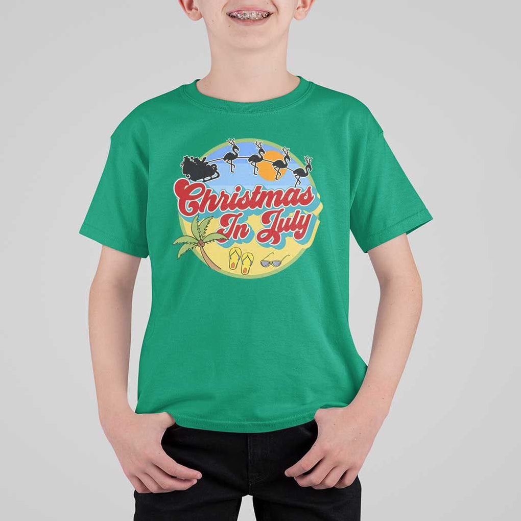 Funny Christmas In July T Shirt For Kid Flamingo With Santa Claus Palm Tree TS11 Irish Green Print Your Wear