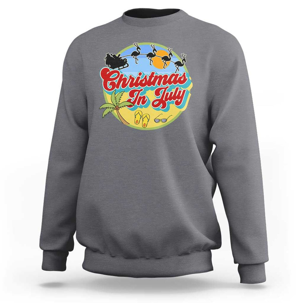 Funny Christmas In July Sweatshirt Flamingo With Santa Claus Palm Tree TS11 Charcoal Print Your Wear