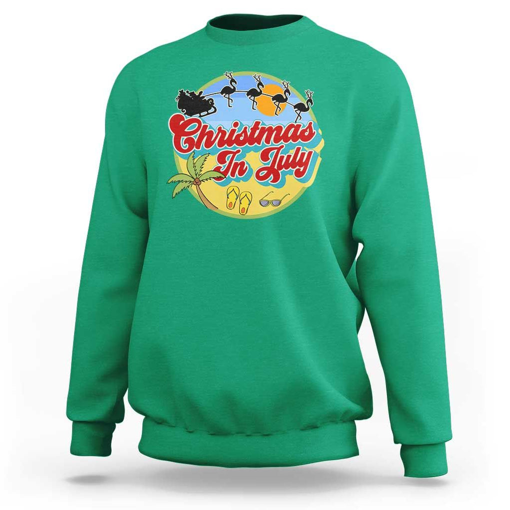 Funny Christmas In July Sweatshirt Flamingo With Santa Claus Palm Tree TS11 Irish Green Print Your Wear