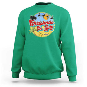 Funny Christmas In July Sweatshirt Flamingo With Santa Claus Palm Tree TS11 Irish Green Print Your Wear