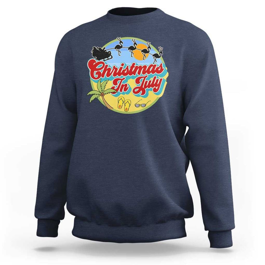 Funny Christmas In July Sweatshirt Flamingo With Santa Claus Palm Tree TS11 Navy Print Your Wear