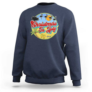 Funny Christmas In July Sweatshirt Flamingo With Santa Claus Palm Tree TS11 Navy Print Your Wear