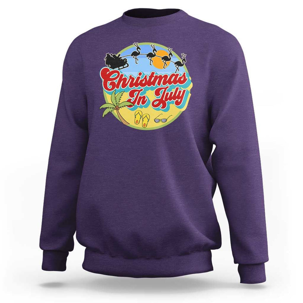 Funny Christmas In July Sweatshirt Flamingo With Santa Claus Palm Tree TS11 Purple Print Your Wear