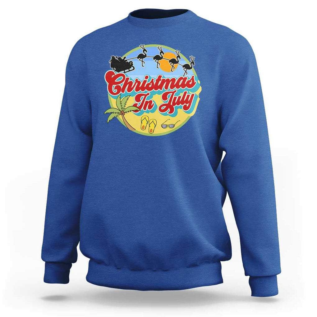 Funny Christmas In July Sweatshirt Flamingo With Santa Claus Palm Tree TS11 Royal Blue Print Your Wear