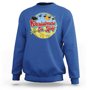 Funny Christmas In July Sweatshirt Flamingo With Santa Claus Palm Tree TS11 Royal Blue Print Your Wear