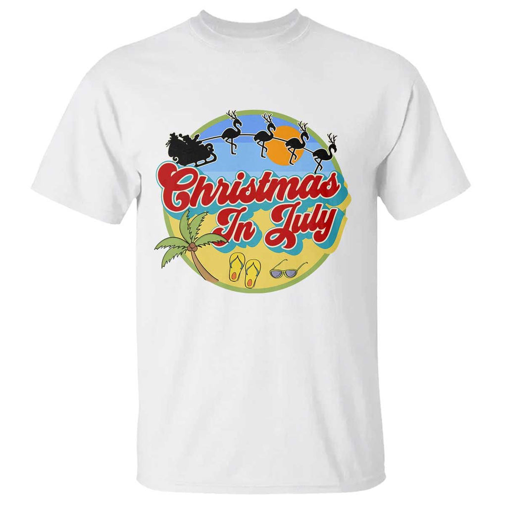 Funny Christmas In July T Shirt Flamingo With Santa Claus Palm Tree TS11 White Print Your Wear
