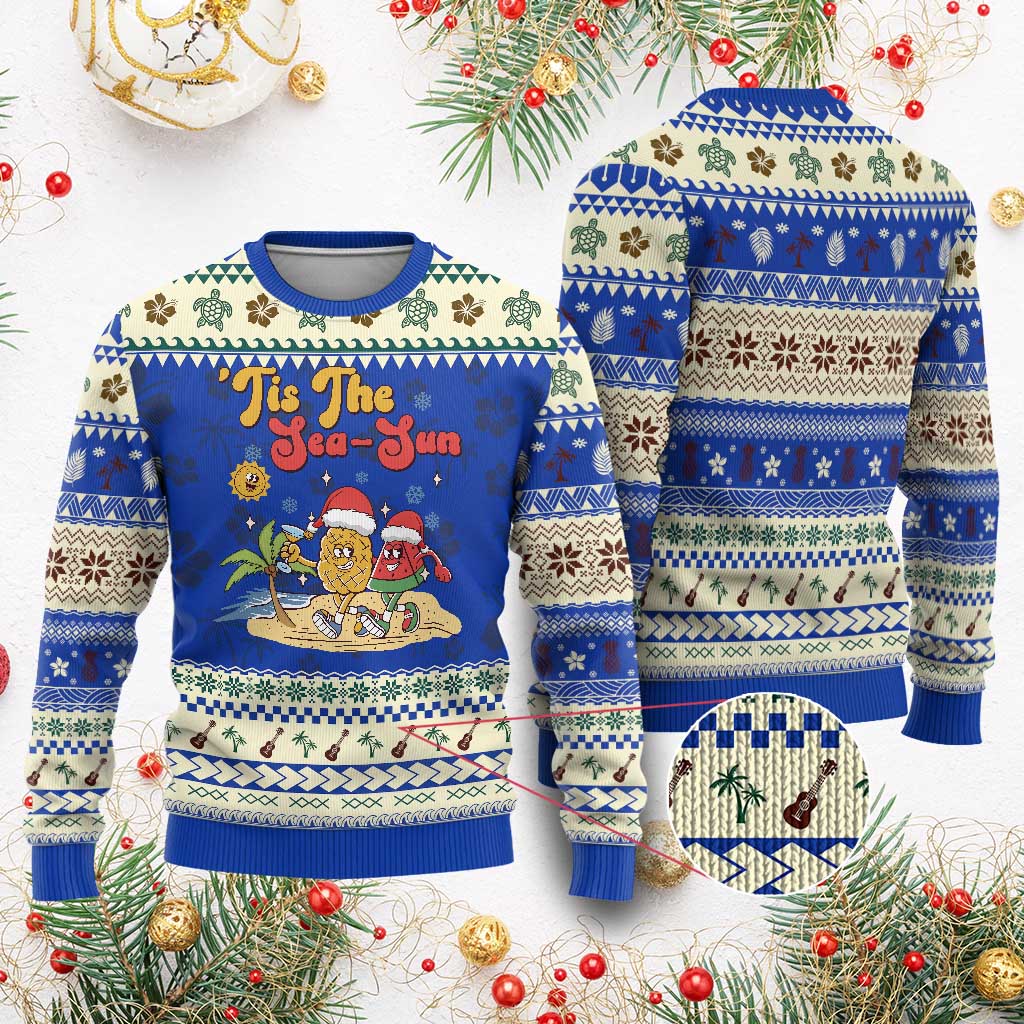 Funny Xmas In July Ugly Christmas Sweater Tis The Sea Sun Retro Tropical Pineapple Watermelon TS11 Blue Print Your Wear