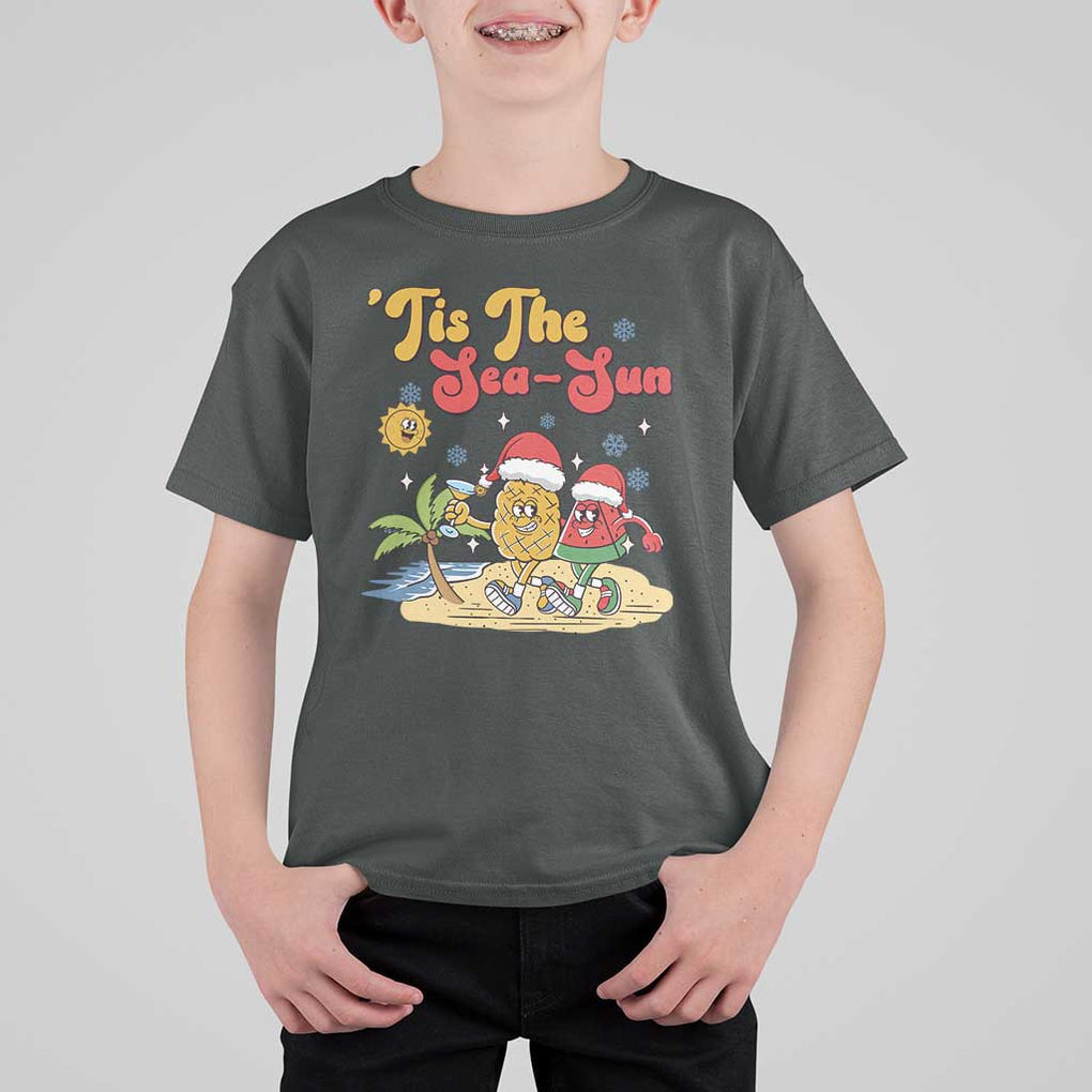 Funny Christmas In July T Shirt For Kid Tis The Sea Sun Retro Tropical Pineapple Watermelon TS11 Dark Heather Print Your Wear