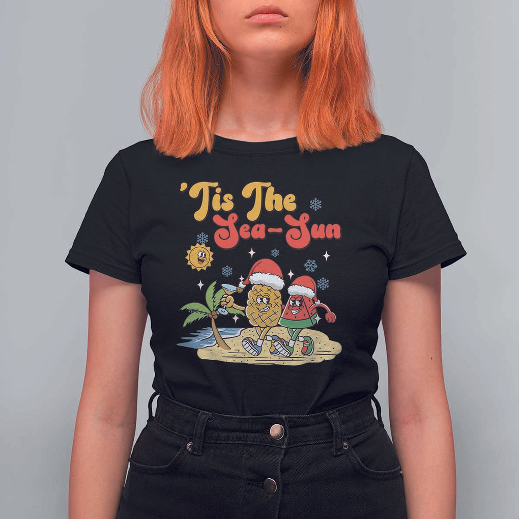 Funny Christmas In July T Shirt For Women Tis The Sea Sun Retro Tropical Pineapple Watermelon TS11 Black Print Your Wear