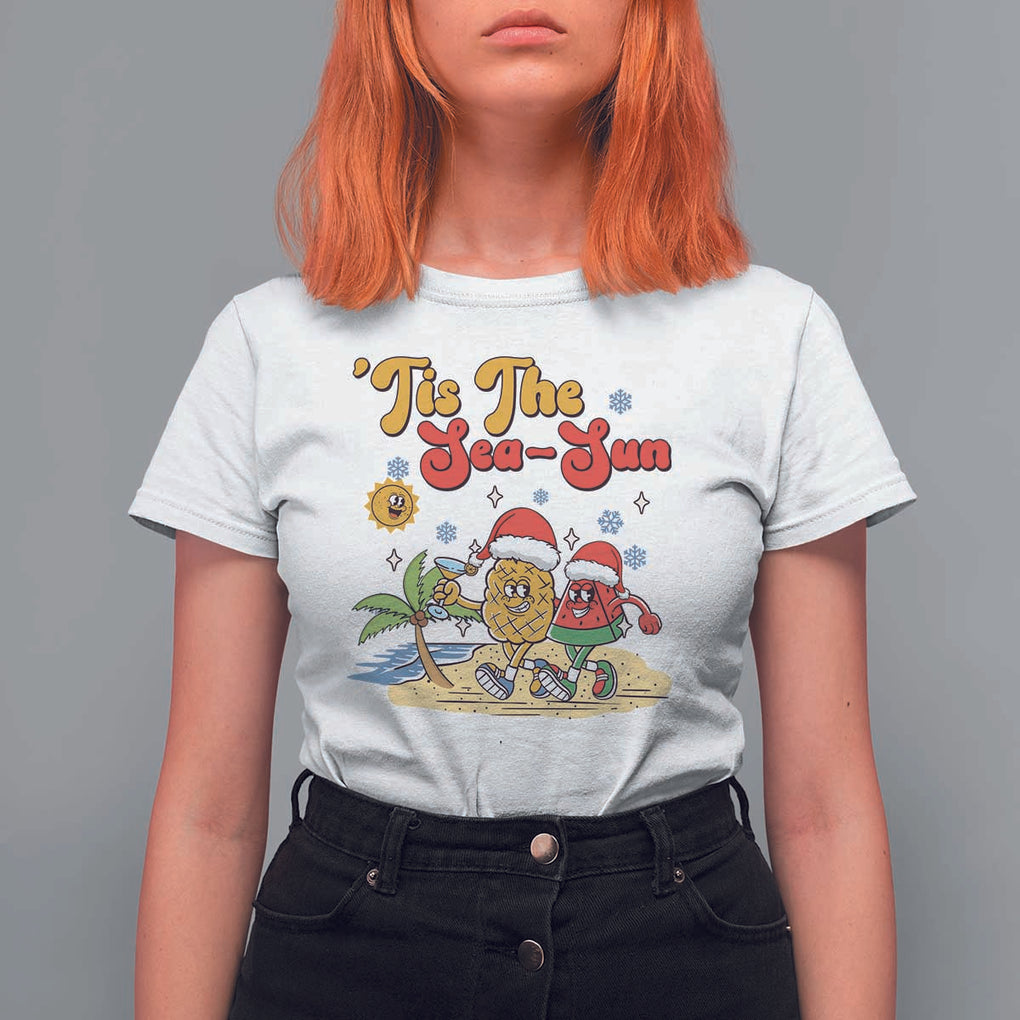 Funny Christmas In July T Shirt For Women Tis The Sea Sun Retro Tropical Pineapple Watermelon TS11 White Print Your Wear