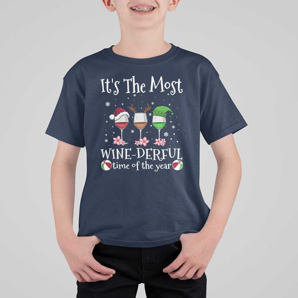 Funny Christmas In July T Shirt For Kid It's The Most Winederful Time Of The Year Wine Glasses Flower TS11 Navy Print Your Wear