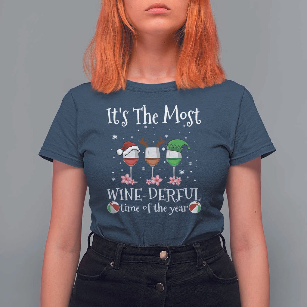 Funny Christmas In July T Shirt For Women It's The Most Winederful Time Of The Year Wine Glasses Flower TS11 Navy Print Your Wear