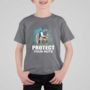 Funny Baseball Squirrel T Shirt For Kid Protect Your Nuts Catcher TS11 Charcoal Print Your Wear