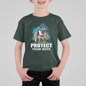 Funny Baseball Squirrel T Shirt For Kid Protect Your Nuts Catcher TS11 Dark Forest Green Print Your Wear