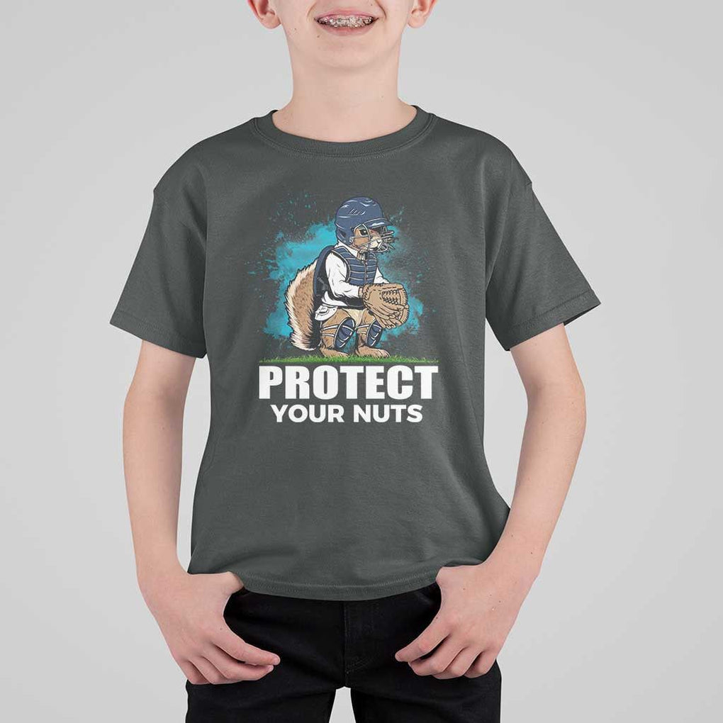 Funny Baseball Squirrel T Shirt For Kid Protect Your Nuts Catcher TS11 Dark Heather Print Your Wear