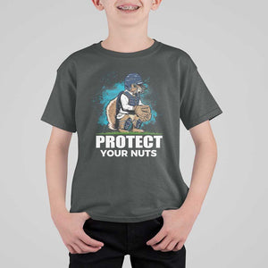 Funny Baseball Squirrel T Shirt For Kid Protect Your Nuts Catcher TS11 Dark Heather Print Your Wear