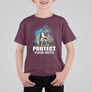 Funny Baseball Squirrel T Shirt For Kid Protect Your Nuts Catcher TS11 Maroon Print Your Wear