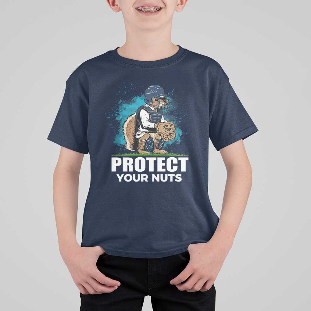 Funny Baseball Squirrel T Shirt For Kid Protect Your Nuts Catcher TS11 Navy Print Your Wear