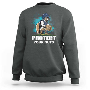 Funny Baseball Squirrel Sweatshirt Protect Your Nuts Catcher TS11 Dark Heather Print Your Wear