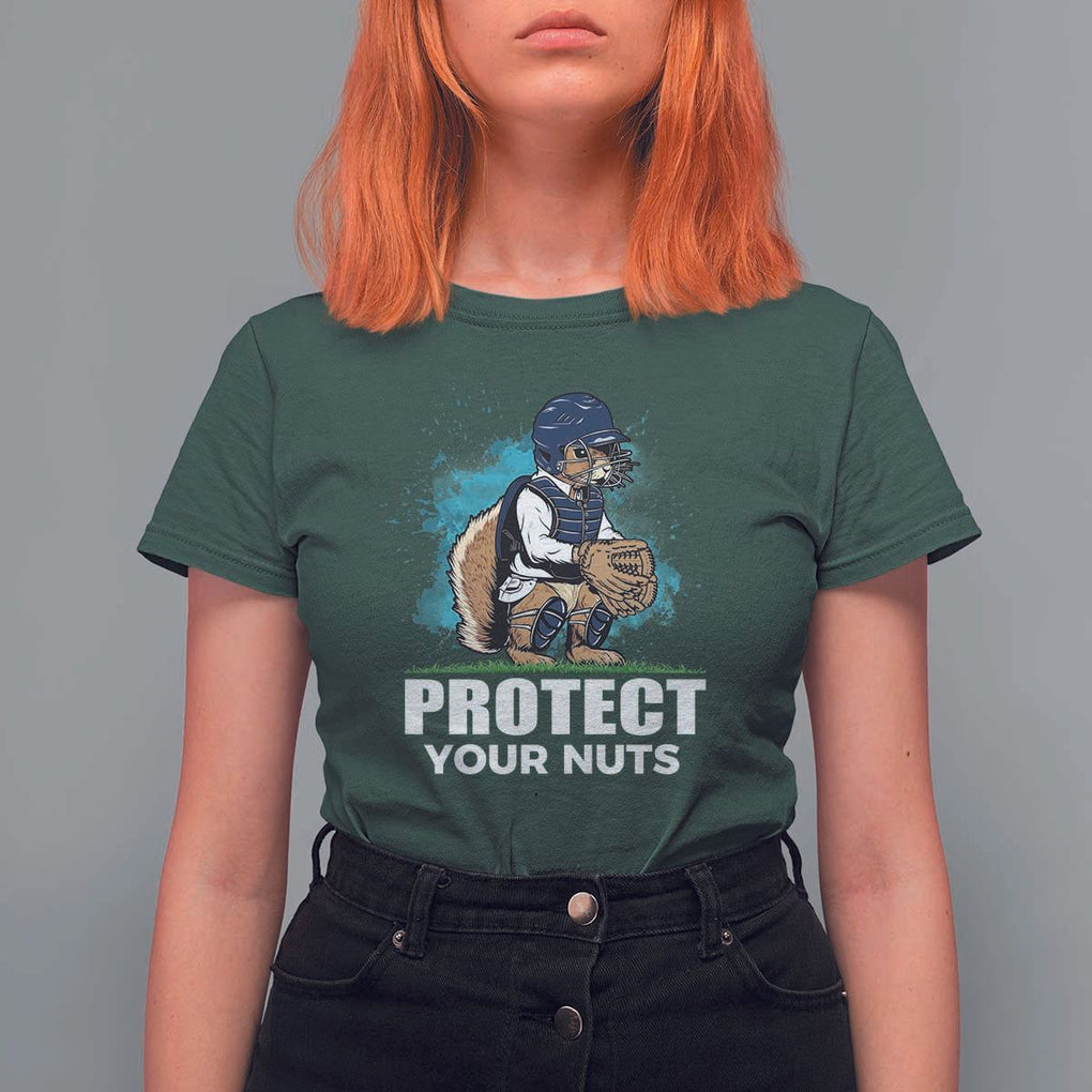 Funny Baseball Squirrel T Shirt For Women Protect Your Nuts Catcher TS11 Dark Forest Green Print Your Wear