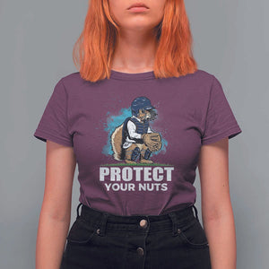 Funny Baseball Squirrel T Shirt For Women Protect Your Nuts Catcher TS11 Maroon Print Your Wear