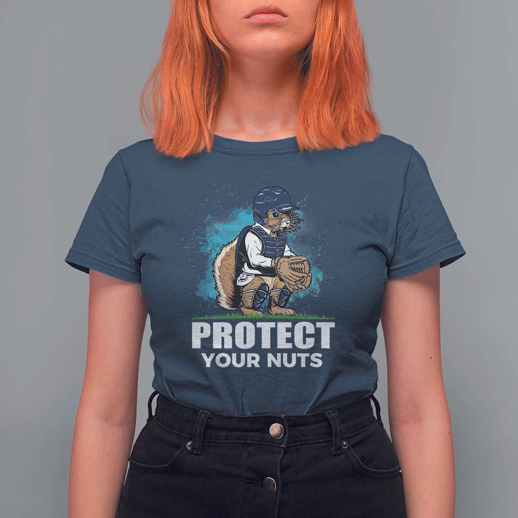 Funny Baseball Squirrel T Shirt For Women Protect Your Nuts Catcher TS11 Navy Print Your Wear