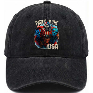 Funny Creepy 4th Of July Party In The USA Washed Cotton Baseball Cap 4th Of July Horror Movie Independence Day TS11 Washed Cap Universal Fit Black Print Your Wear