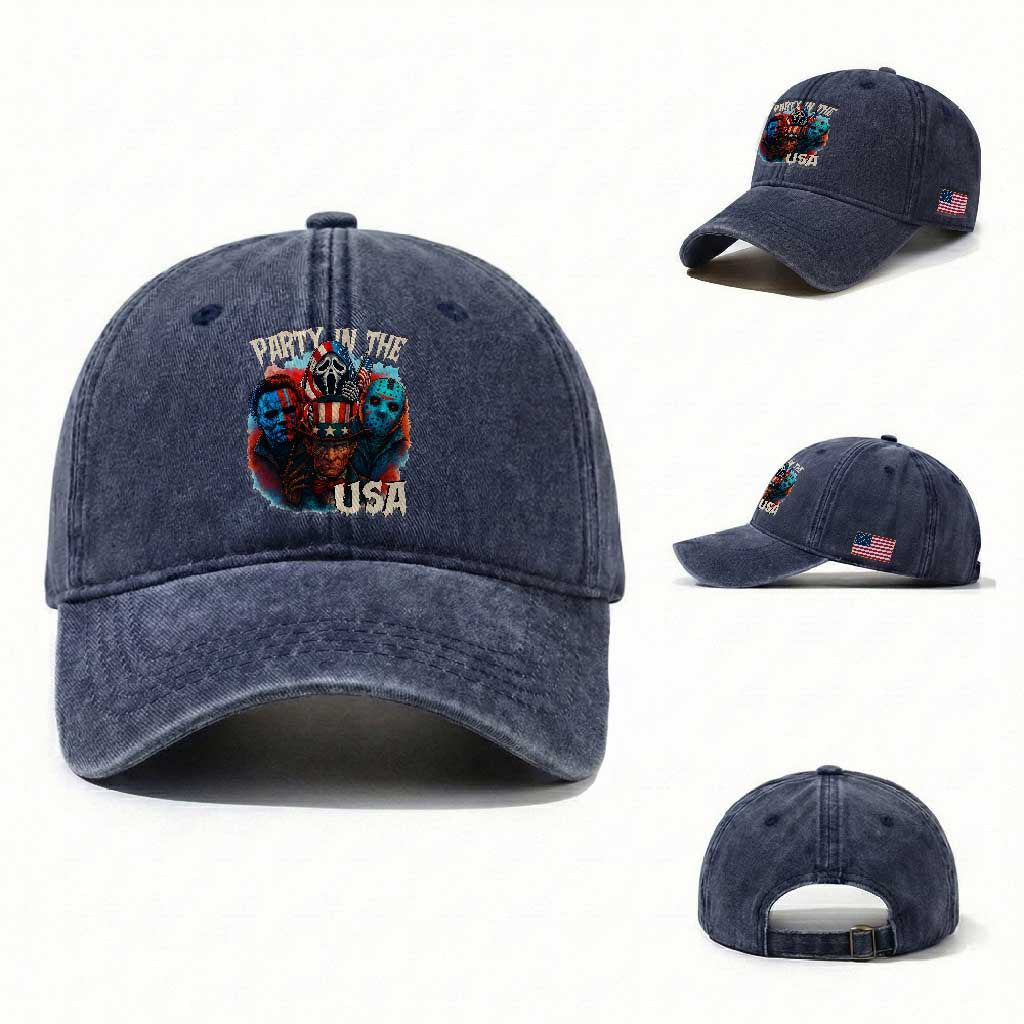 Funny Creepy 4th Of July Party In The USA Washed Cotton Baseball Cap 4th Of July Horror Movie Independence Day TS11 Washed Cap Universal Fit Navy Print Your Wear