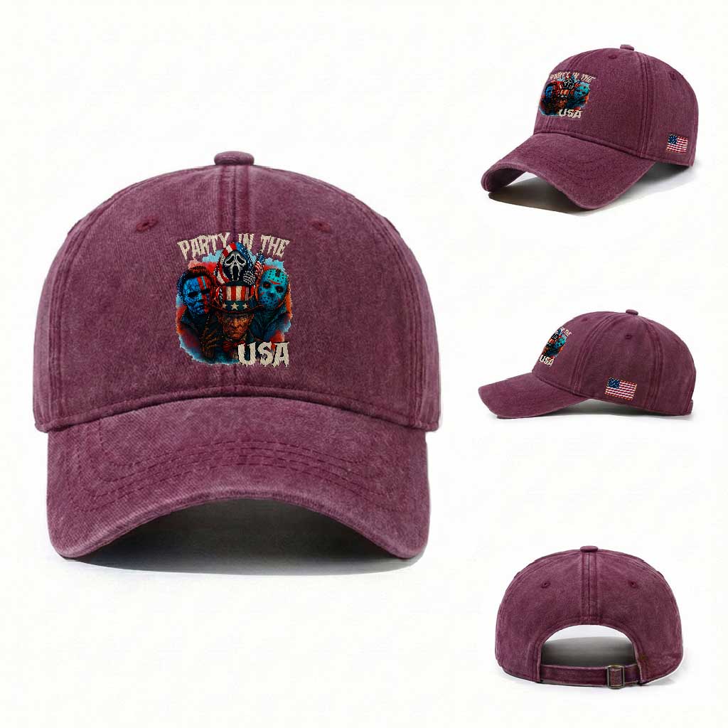 Funny Creepy 4th Of July Party In The USA Washed Cotton Baseball Cap 4th Of July Horror Movie Independence Day TS11 Washed Cap Universal Fit Burgundy Print Your Wear