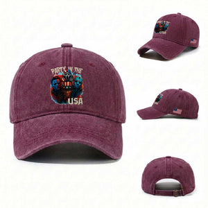 Funny Creepy 4th Of July Party In The USA Washed Cotton Baseball Cap 4th Of July Horror Movie Independence Day TS11 Washed Cap Universal Fit Burgundy Print Your Wear