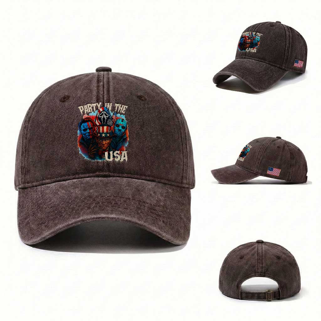 Funny Creepy 4th Of July Party In The USA Washed Cotton Baseball Cap 4th Of July Horror Movie Independence Day TS11 Washed Cap Universal Fit Dark Brown Print Your Wear