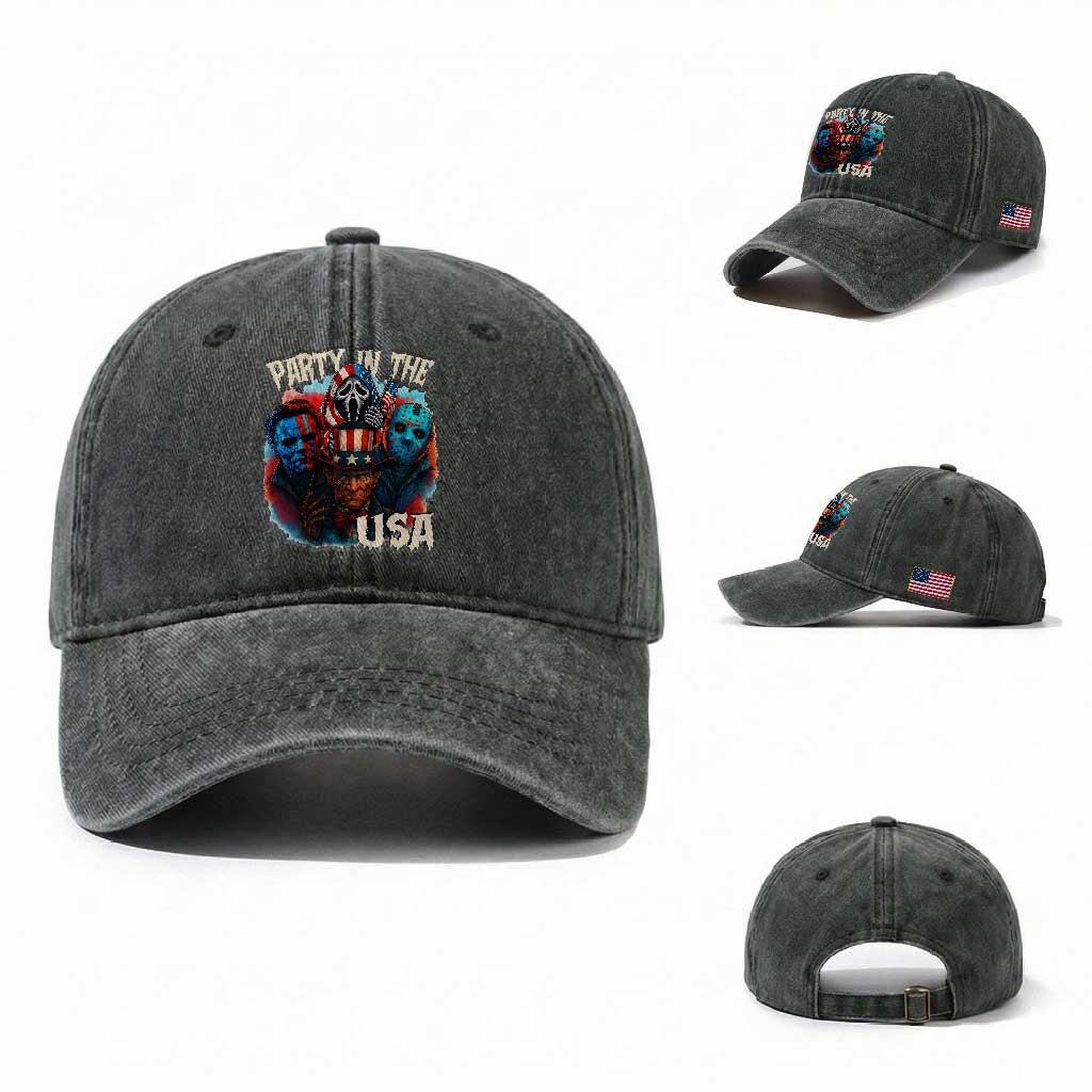 Funny Creepy 4th Of July Party In The USA Washed Cotton Baseball Cap 4th Of July Horror Movie Independence Day TS11 Washed Cap Universal Fit Dark Green Print Your Wear