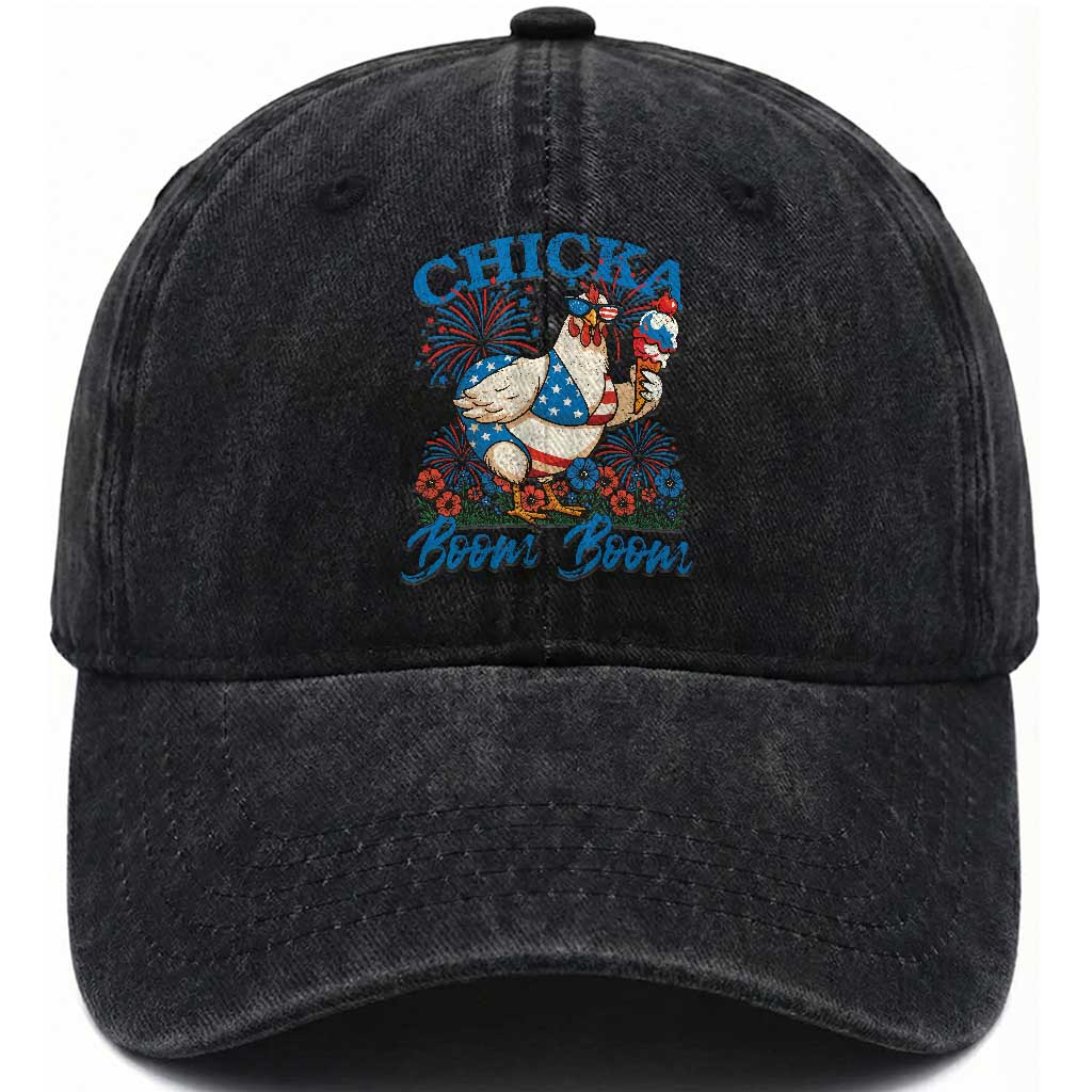 Funny Chicka Boom Boom 4th Of July Washed Cotton Baseball Cap Patriotic Farmers Chicken Lover TS11 Washed Cap Universal Fit Black Print Your Wear