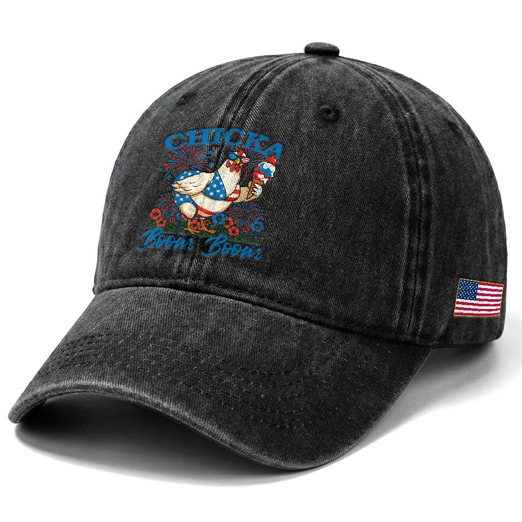 Funny Chicka Boom Boom 4th Of July Washed Cotton Baseball Cap Patriotic Farmers Chicken Lover TS11 Print Your Wear