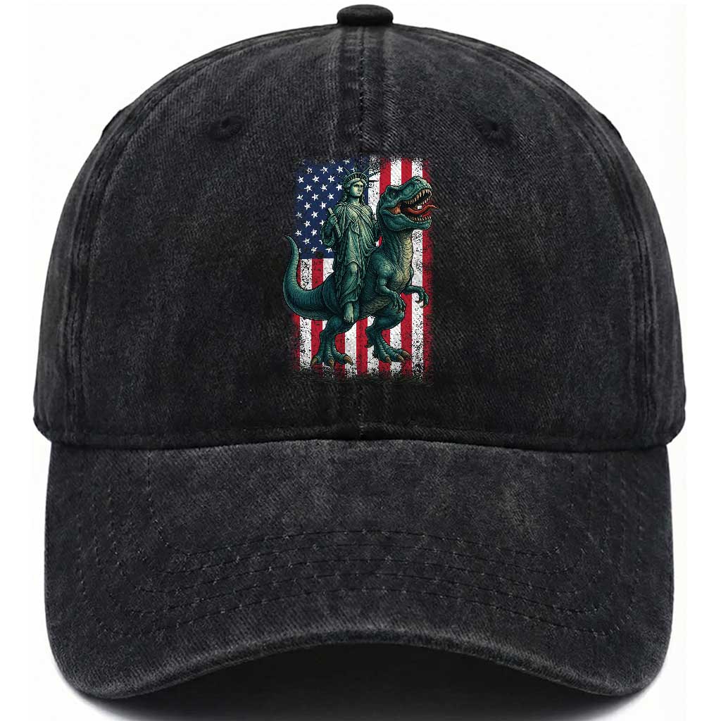 Funny Dinosaur Statue Of Liberty 4th Of July Washed Cotton Baseball Cap American Flag TS11 Washed Cap Universal Fit Black Print Your Wear