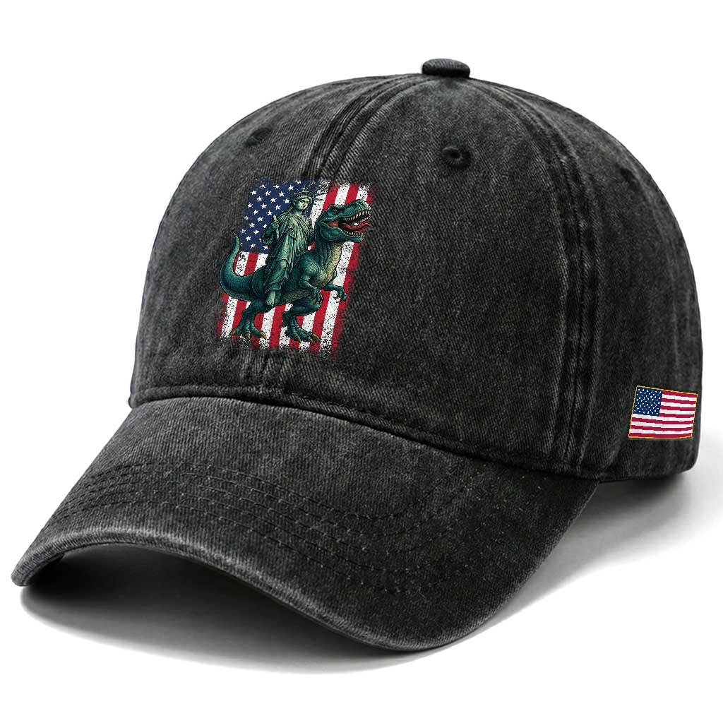 Funny Dinosaur Statue Of Liberty 4th Of July Washed Cotton Baseball Cap American Flag TS11 Print Your Wear